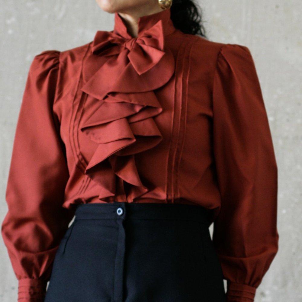 70's Rust Bow Ruffled Secretary Blouse/Pintuck/Button Up/Handmade - Picture 5 of 10